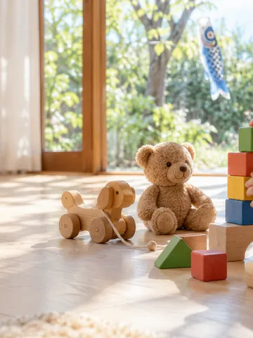 日なたの床で積み木を重ねる子どもの手