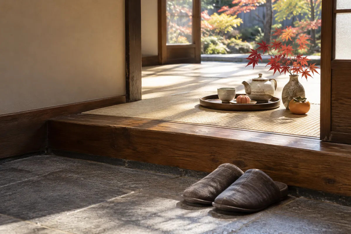 玄関にそろえられたスリッパとお茶の用意
