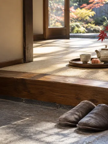 玄関にそろえられたスリッパとお茶の用意
