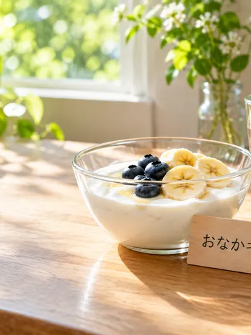 ヨーグルトと果物、おなかキレイと書かれた木の札