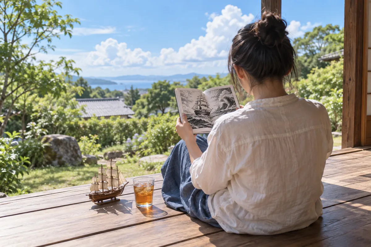 縁側で冒険漫画を読む後ろ姿と木の帆船模型