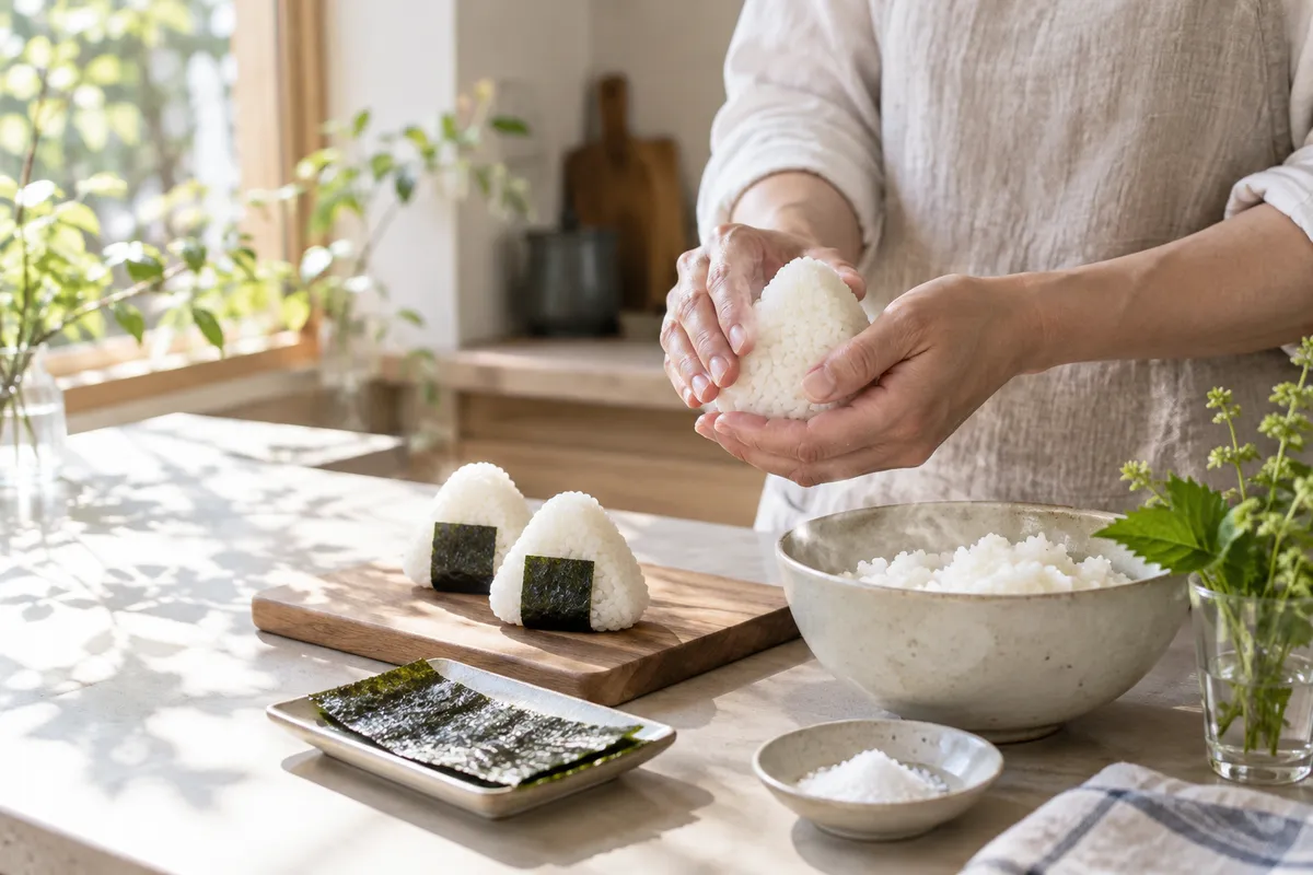 台所でおにぎりを握る手元と、できあがったおにぎり