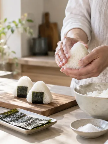 台所でおにぎりを握る手元と、できあがったおにぎり