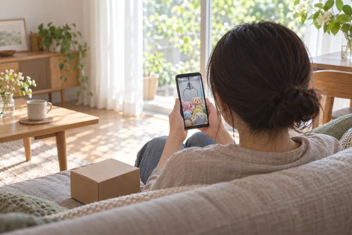 ソファでスマホのクレーンゲーム画面を操作する後ろ姿