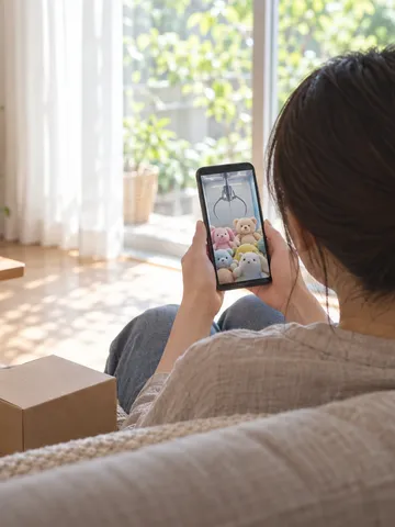 ソファでスマホのクレーンゲーム画面を操作する後ろ姿