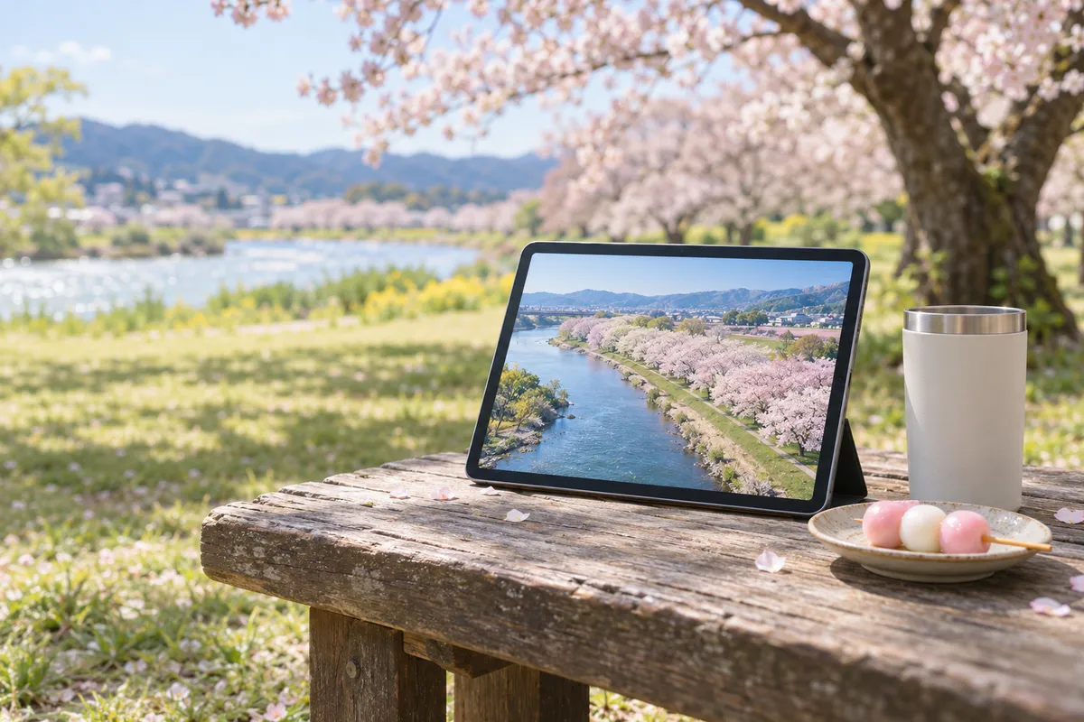 桜の空撮映像を映すタブレットと花見団子