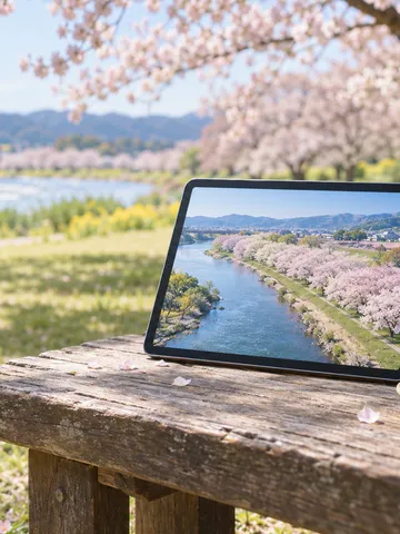 桜の空撮映像を映すタブレットと花見団子