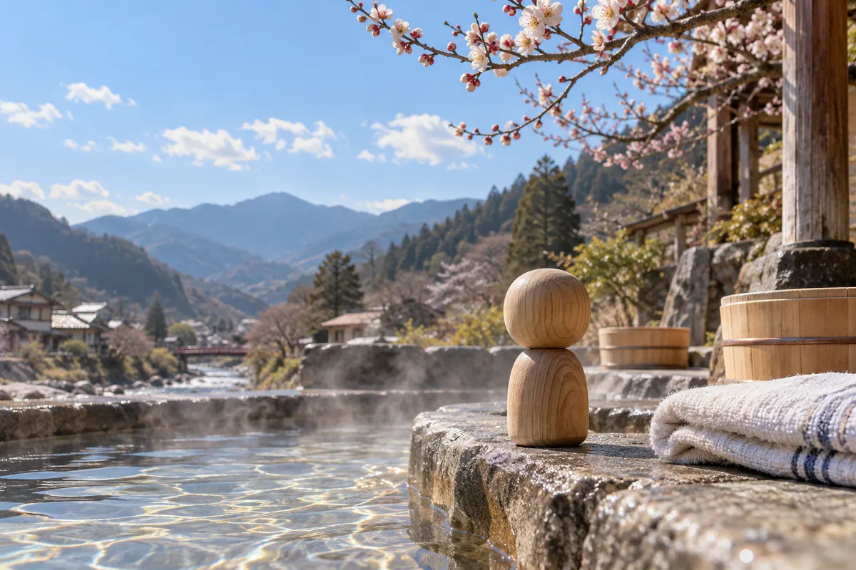 足湯の縁に座る小さな木の人形と梅の枝