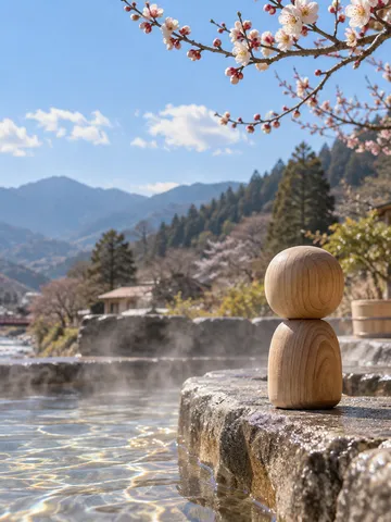足湯の縁に座る小さな木の人形と梅の枝
