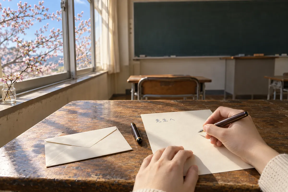 教室の机で「先生へ」と手紙を書く手元
