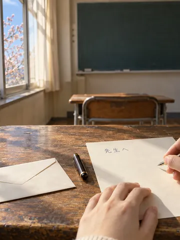 教室の机で「先生へ」と手紙を書く手元