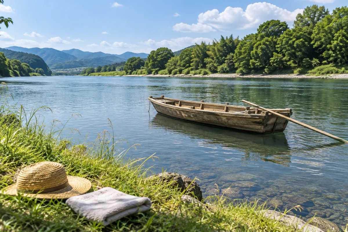 夏の川に浮かぶ木造の和舟と岸辺の麦わら帽子