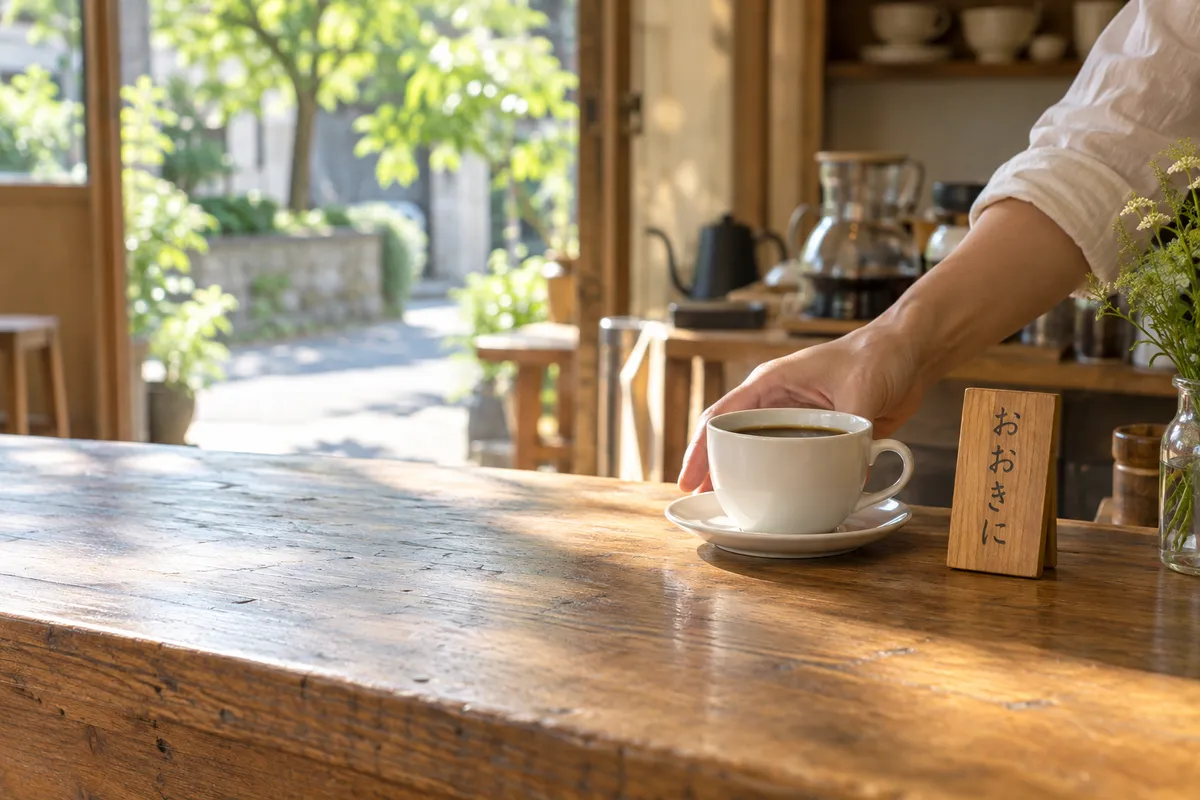 「おおきに」の木札とコーヒーを渡す手元