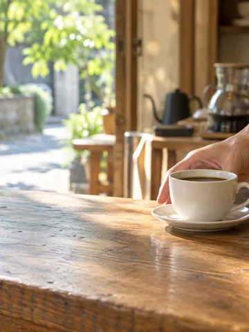 「おおきに」の木札とコーヒーを渡す手元