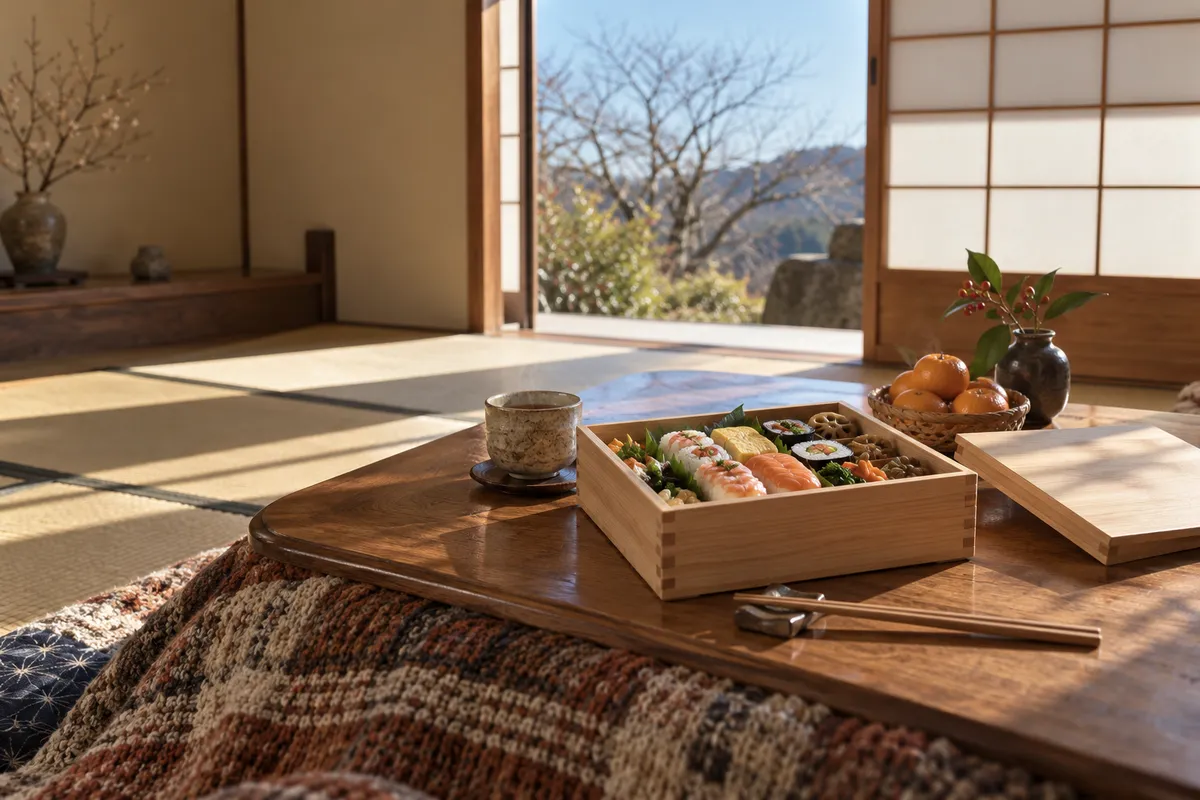こたつの上に置かれた寿司入りの折箱