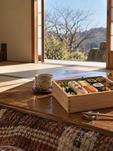 こたつの上に置かれた寿司入りの折箱
