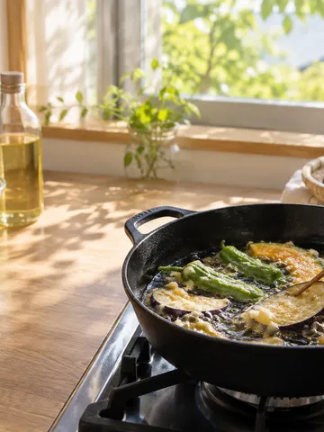 明るい台所で野菜を揚げる手元と米と油びん