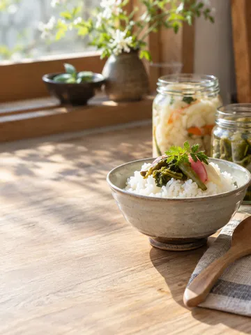 明るい台所に置かれたご飯と発酵野菜の小鉢