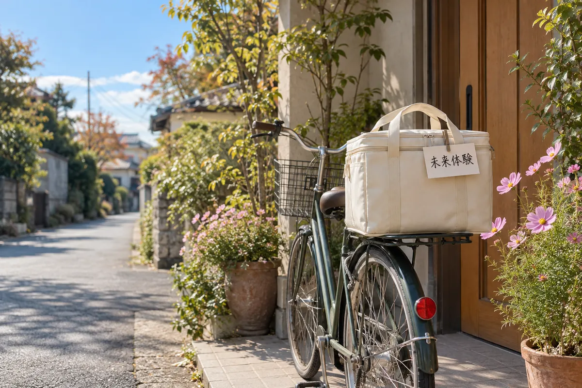 玄関脇の自転車の配達バッグに「未来体験」の札