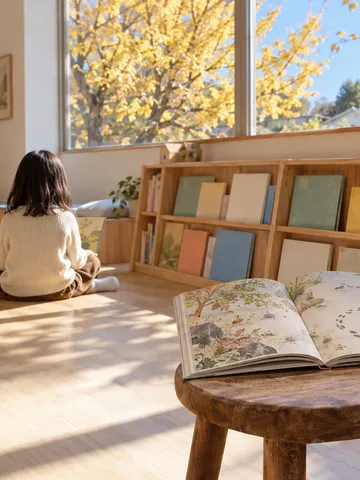 日なたの図書館で絵本と虫眼鏡が置かれた児童書コーナー
