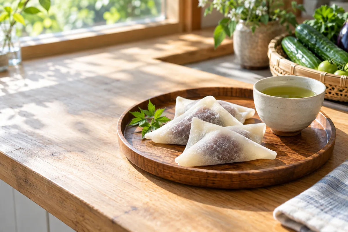 三角に折った生八つ橋風の和菓子と緑茶