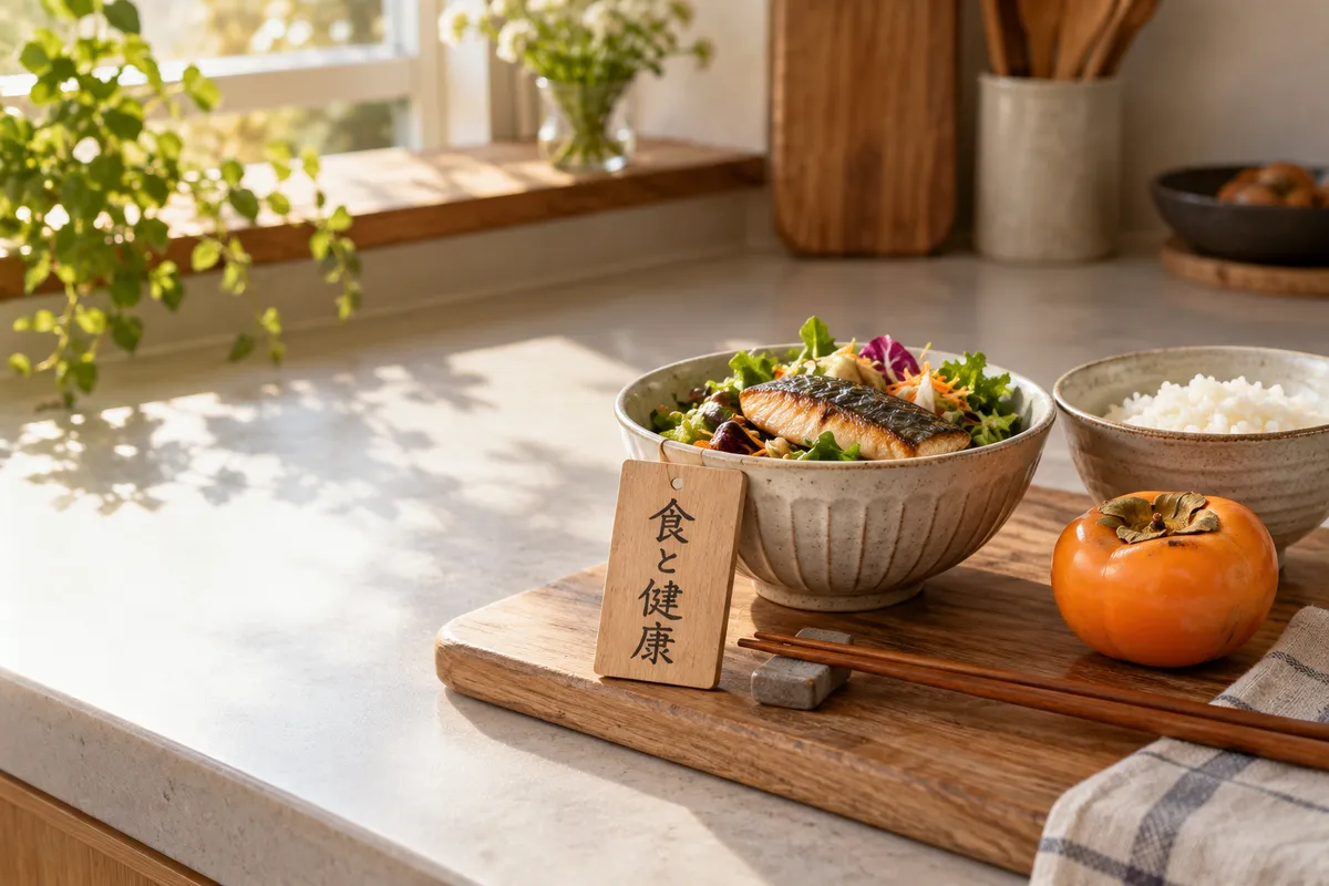 秋の台所に並ぶ食事と「食と健康」の木札