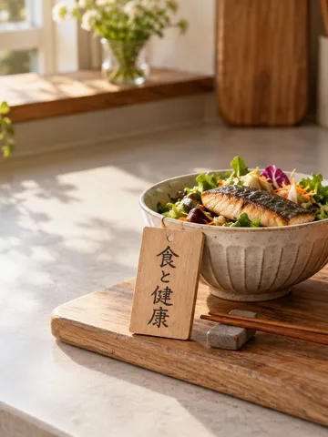 秋の台所に並ぶ食事と「食と健康」の木札