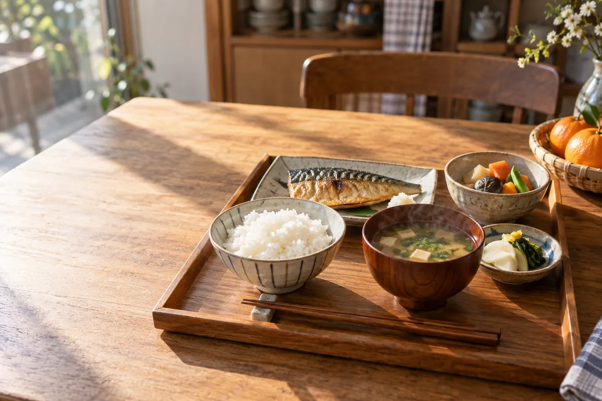 ご飯と味噌汁、焼き魚がそろった定食のお盆