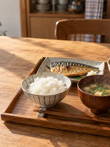 ご飯と味噌汁、焼き魚がそろった定食のお盆