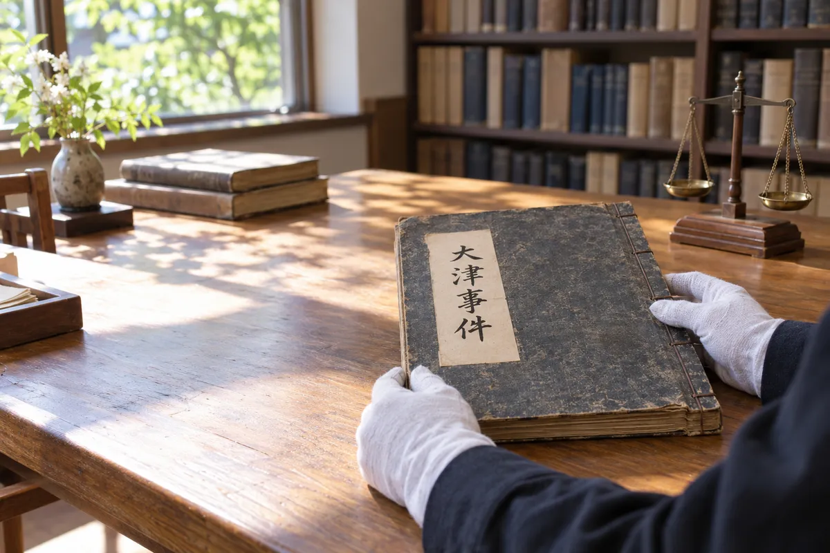 「大津事件」と書かれた古い綴りを手に取る白手袋の手