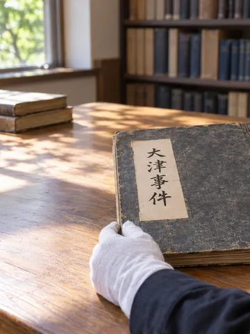 「大津事件」と書かれた古い綴りを手に取る白手袋の手
