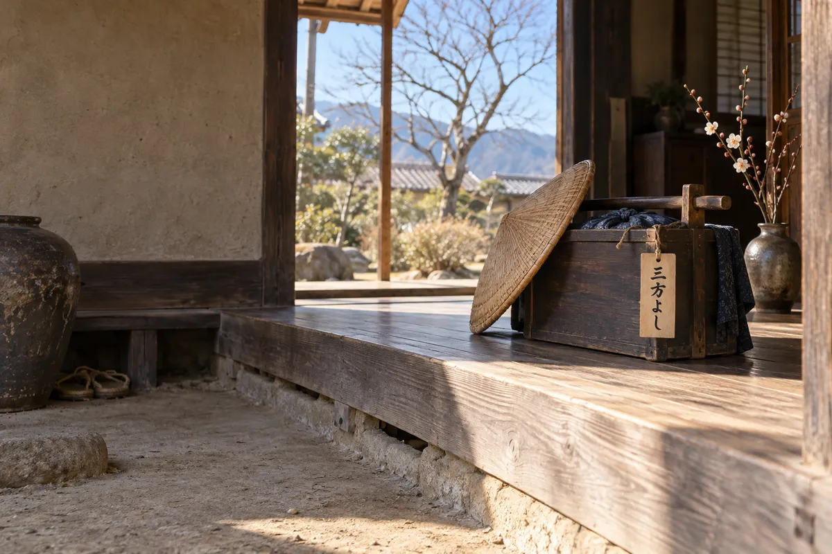 商家の土間に置かれた行商の荷箱と「三方よし」の木札