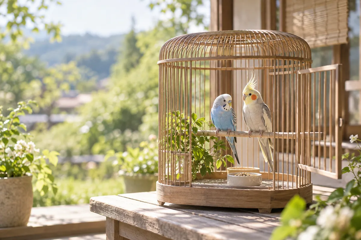 日なたのケージでくつろぐインコとオウム