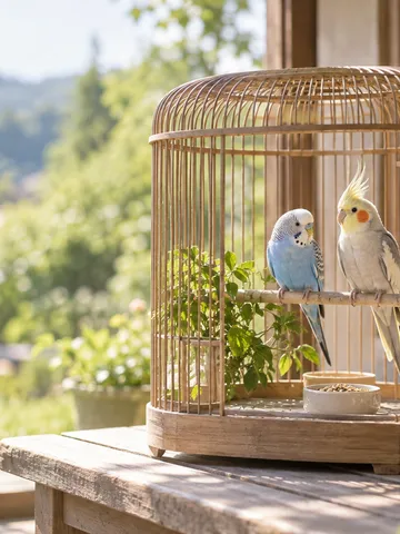 日なたのケージでくつろぐインコとオウム