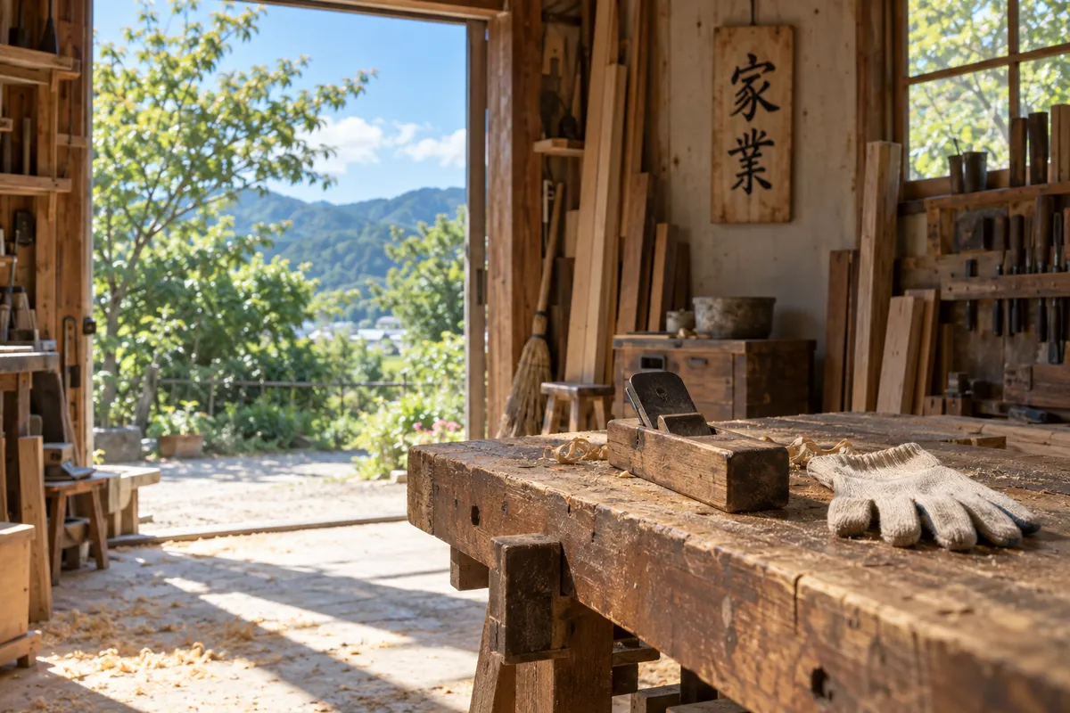 作業場の壁に掛かる「家業」の木札と工具