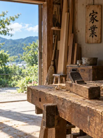 作業場の壁に掛かる「家業」の木札と工具