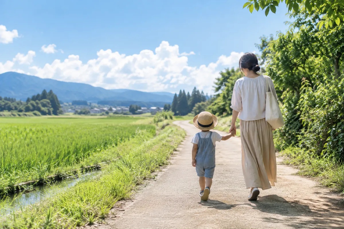 夏の野道を手をつないで歩く親子の後ろ姿