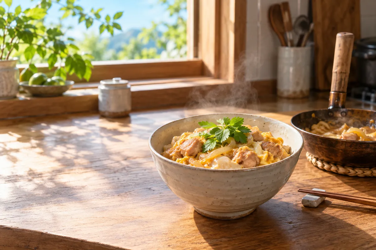 台所の木のカウンターに置かれた湯気の立つ親子丼