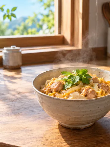 台所の木のカウンターに置かれた湯気の立つ親子丼