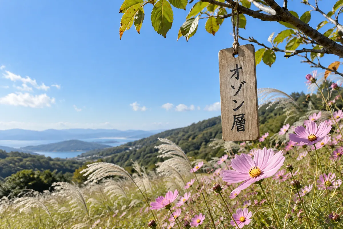 青空の下のコスモス畑に下がる「オゾン層」の木札