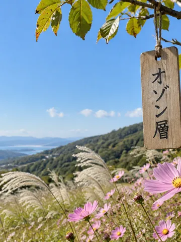 青空の下のコスモス畑に下がる「オゾン層」の木札