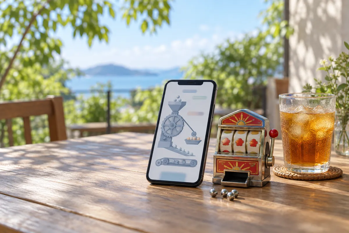 スマホとおもちゃのスロット、鉄の玉のテラス席