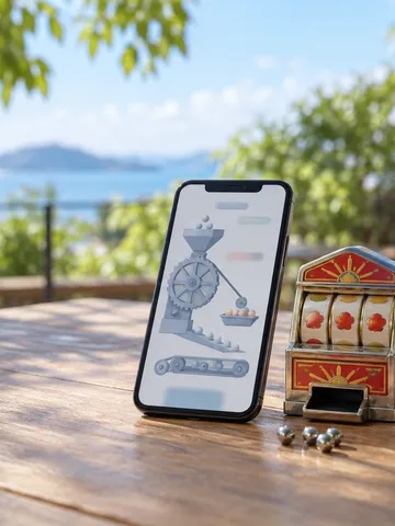 スマホとおもちゃのスロット、鉄の玉のテラス席
