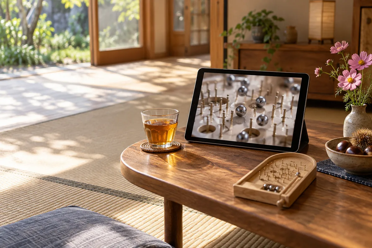 タブレットの番組映像と木のおもちゃのパチンコ盤