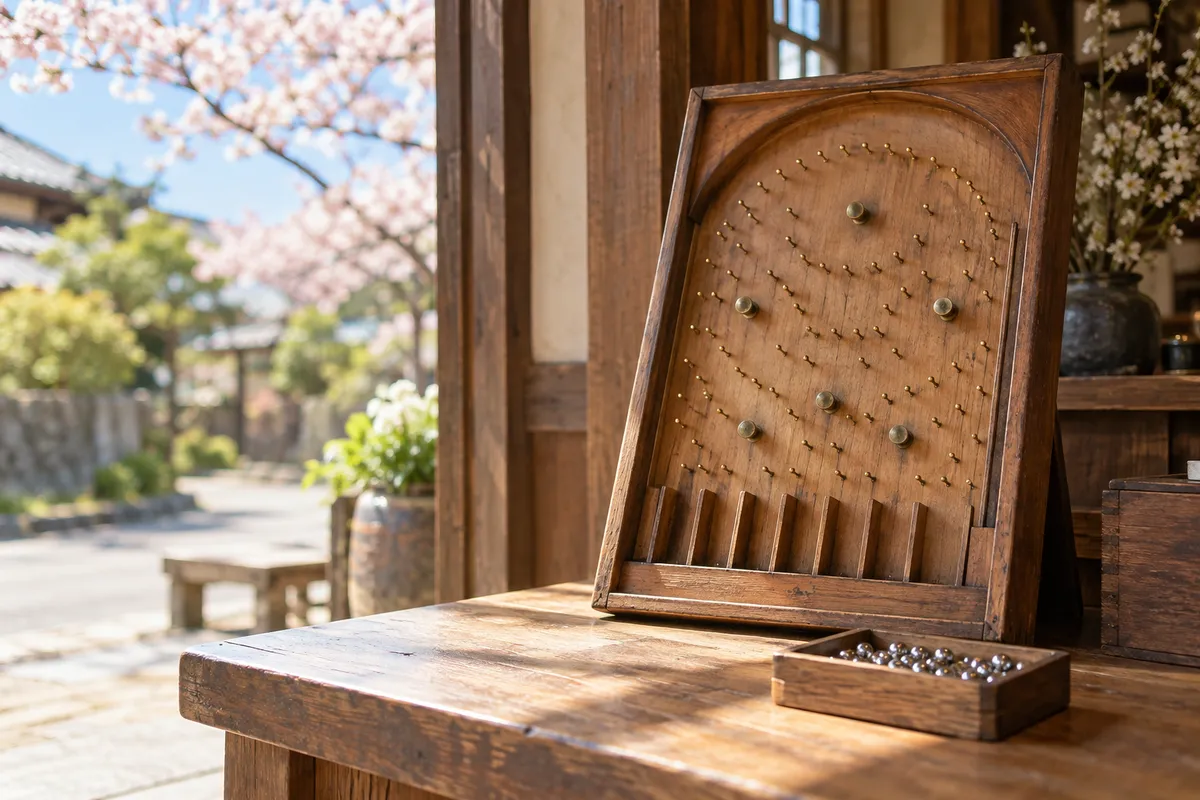 桜の見える店先に置かれた昔ながらの木枠のパチンコ台