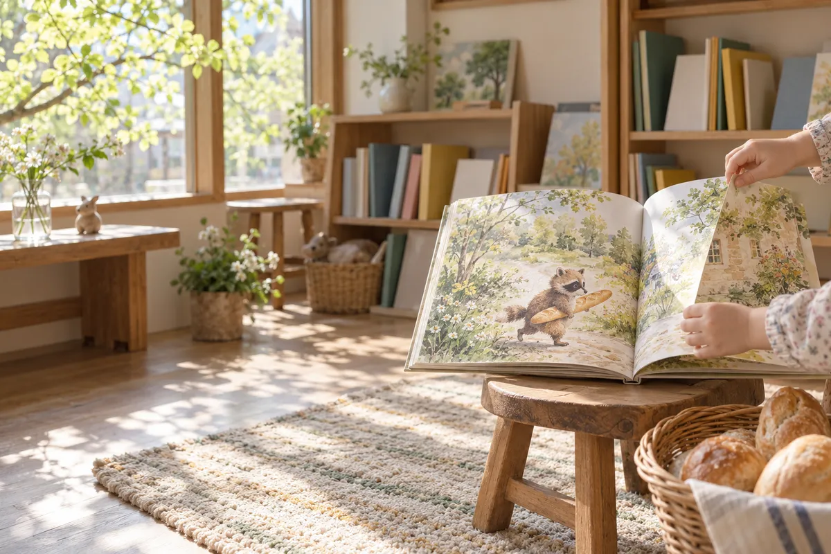 書店の絵本コーナーで、パンを抱えた絵のある絵本を開く手元