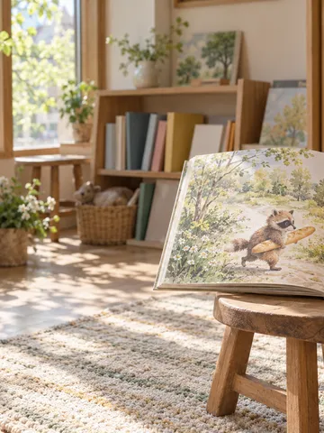 書店の絵本コーナーで、パンを抱えた絵のある絵本を開く手元