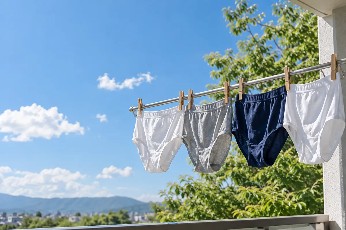夏の青空の下、物干しに並んだ無地の綿のパンツ
