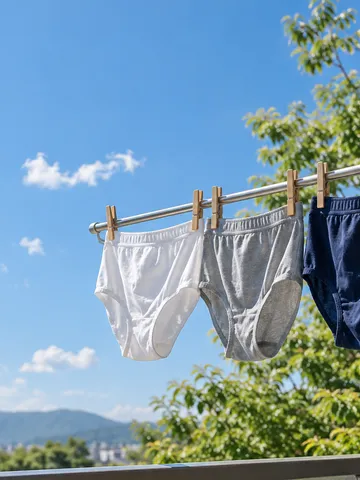 夏の青空の下、物干しに並んだ無地の綿のパンツ