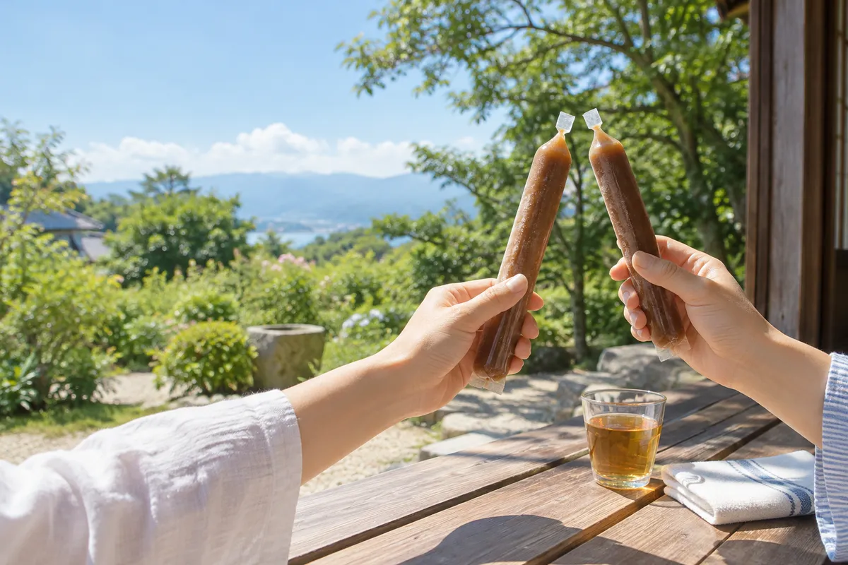 縁側で二本に分けたチューブ型アイスを持つ手